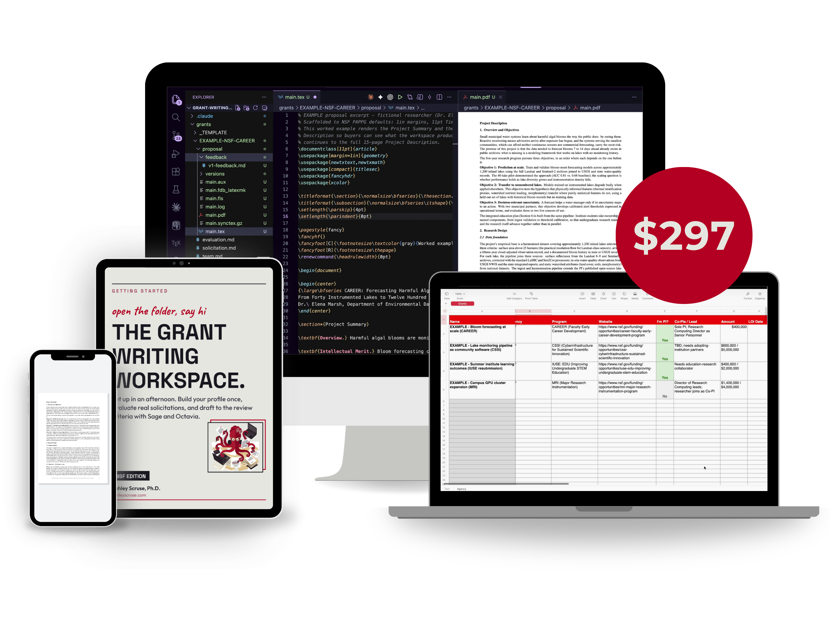 The Grant Writing Workspace across a desktop, laptop, tablet, and phone, priced at $297.